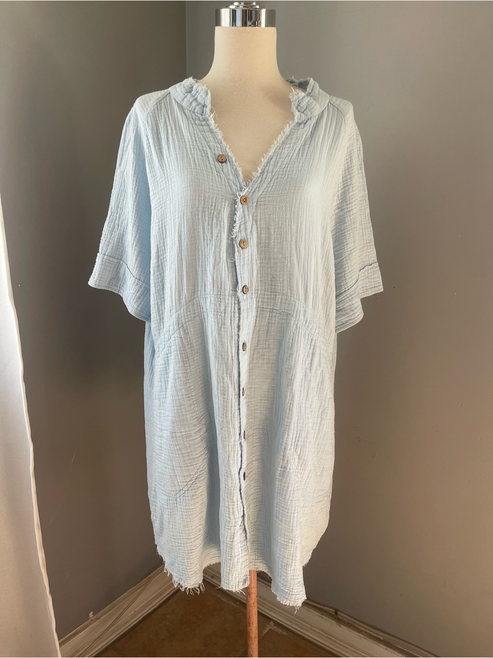 Light Blue Button-Front Midi Dress with Frayed Trim